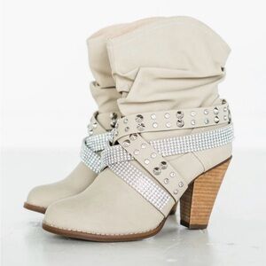 Not Rated Cream Ankle Boots with Rhinestone Accents